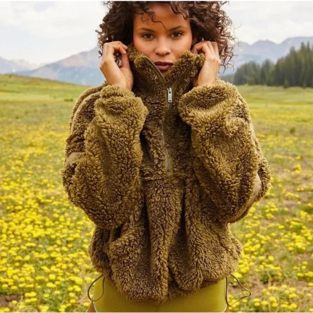 FP movement nantucket zip-up sherpa pullover in army green